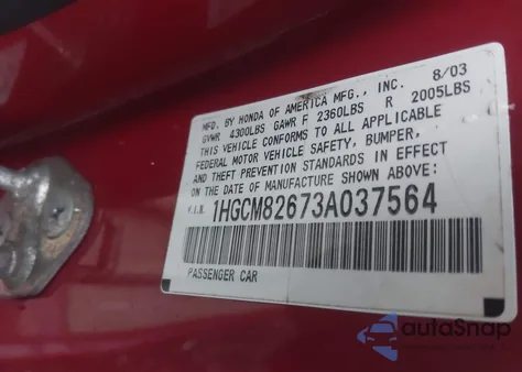 2003 Honda Accord 3.0 Ex from USA, damaged, VIN 1HGCM82673A037564